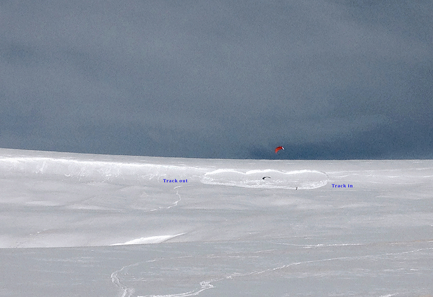 Kiting below the pocket after the slide released, my prior tracks are visible as are the entry and exit tracks.