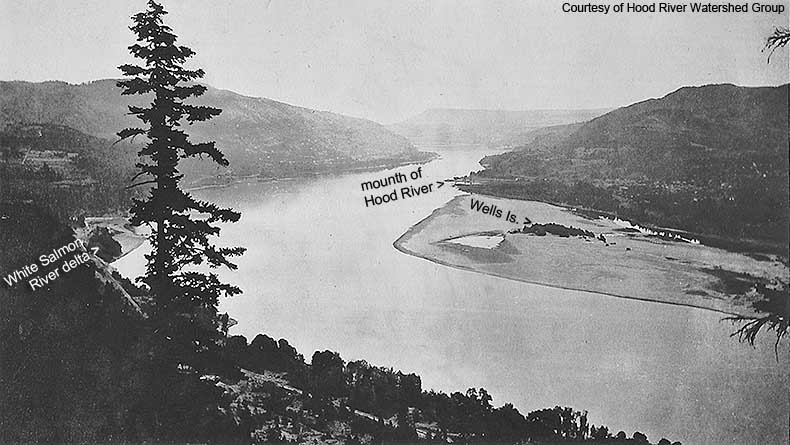 From the 1805 journal of Lewis and Clark: "...passed a large creek at 1 mile on the Stard. Side (White Salmon River) in which the Indians catch fish, a large Sand bar from the Lard. Side for 4 miles (below Hood River)."  This old photo, taken from Underwo