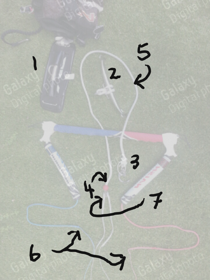 1.	Spreader bar with fixed ring 
<br />2.	Spreader bar with soft attachment of ring
<br />3.	Wichard 2673 shackle and release ring
<br />4.	Ball at end of trim line to stop handle. I drill out ball for friction fit on splice.
<br />5.	3/16 Spectra spliced inside itself halfw