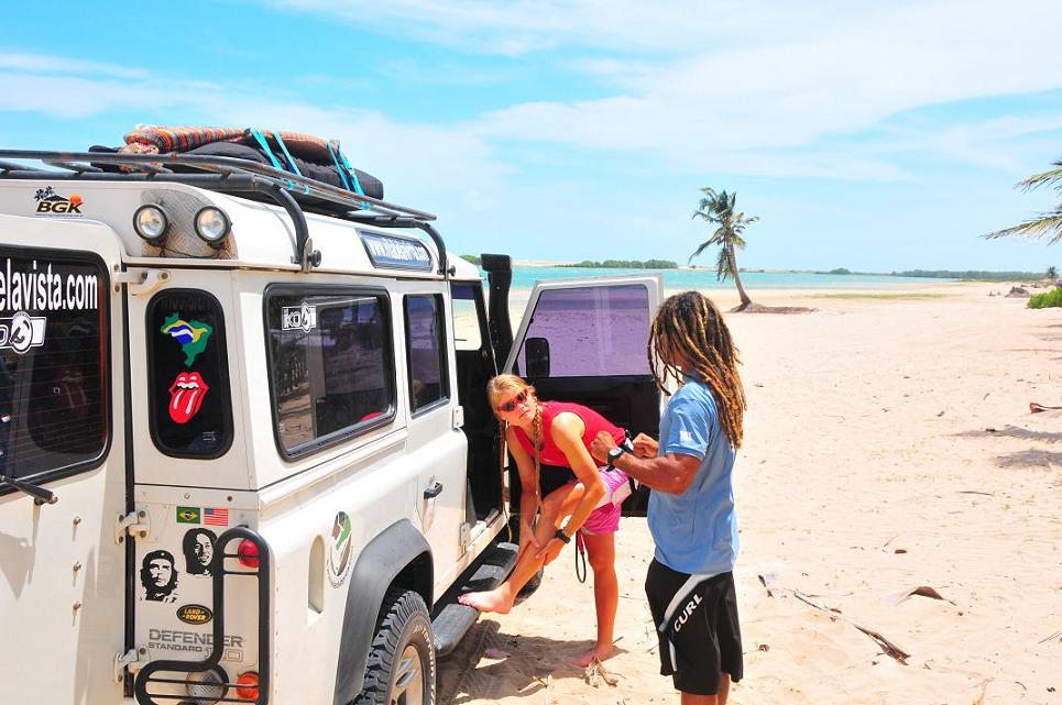 Getting ready to kite a flat-water lagoon.  Bob Marley was our guide :)  That is one of the owners of vilabelavista