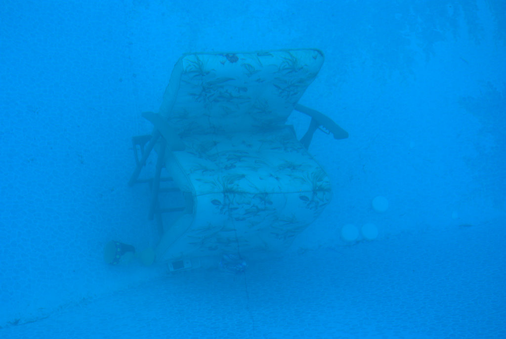 Cell phone and lawn chair at the bottom of the pool. And a cocktail glass. I think the suspect was sleeping on my couch.