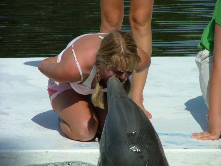 My wife kissing a dolphin at theater of the sea, Islamorada