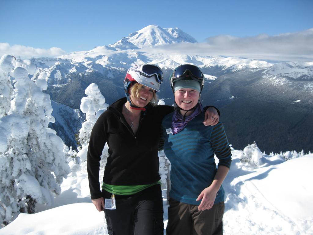 Emily and Anna at the top of Crystal Mtn during the North Face Masters of Snowboarding Event.