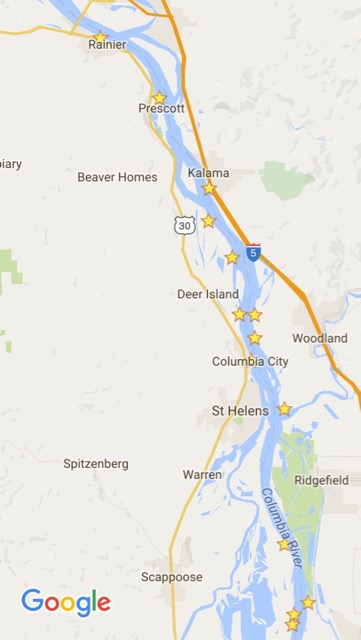 Lower Columbia potential kite spots for North wind.