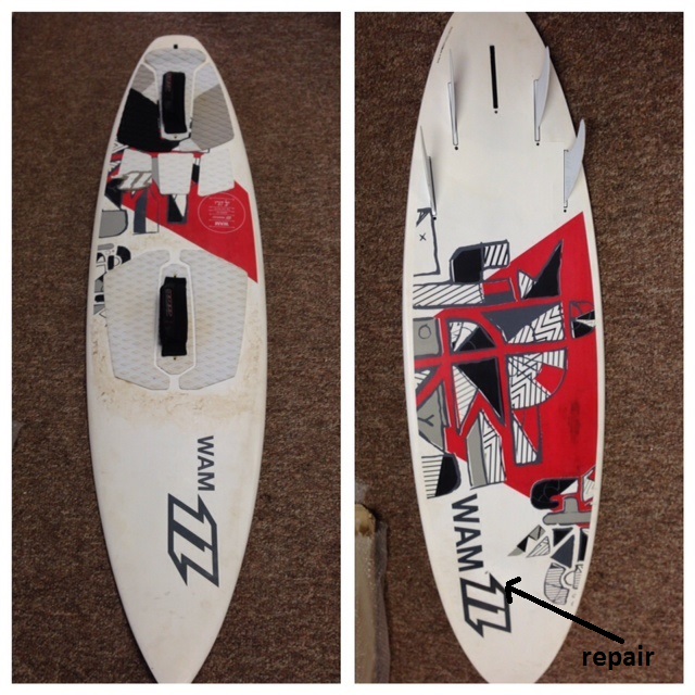 black RRD footstraps
<br />quad white future fins 
<br />one repair (hard to see)