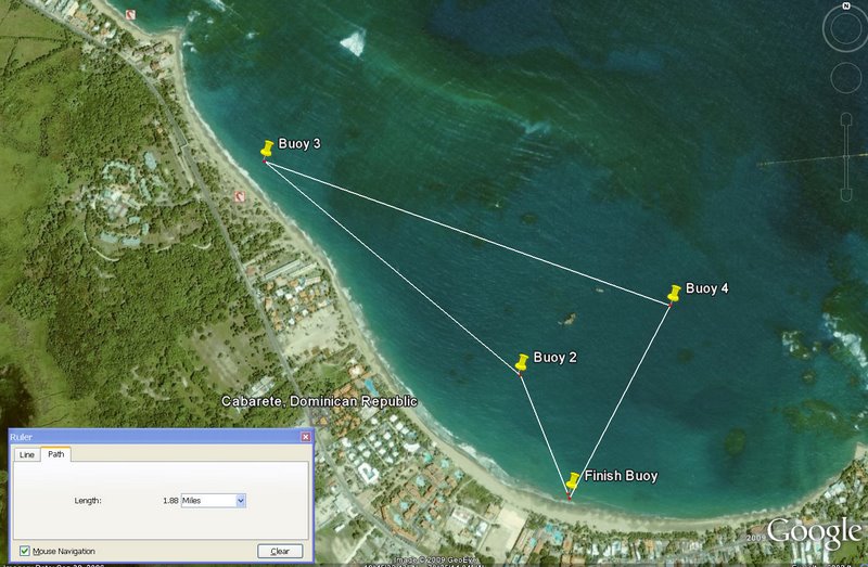 Google Earth view of Cabarete bay with my best guess of buoy placement.  From the launch point the reef is just a hair over half mile from shore.  Wind is from the ENE to East.